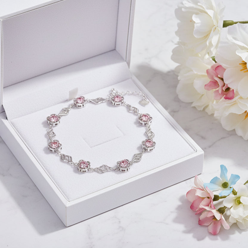 Summer Blossom Pink/Purple Natural Zircon Crystal Bracelet set in 925 Sterling Silver