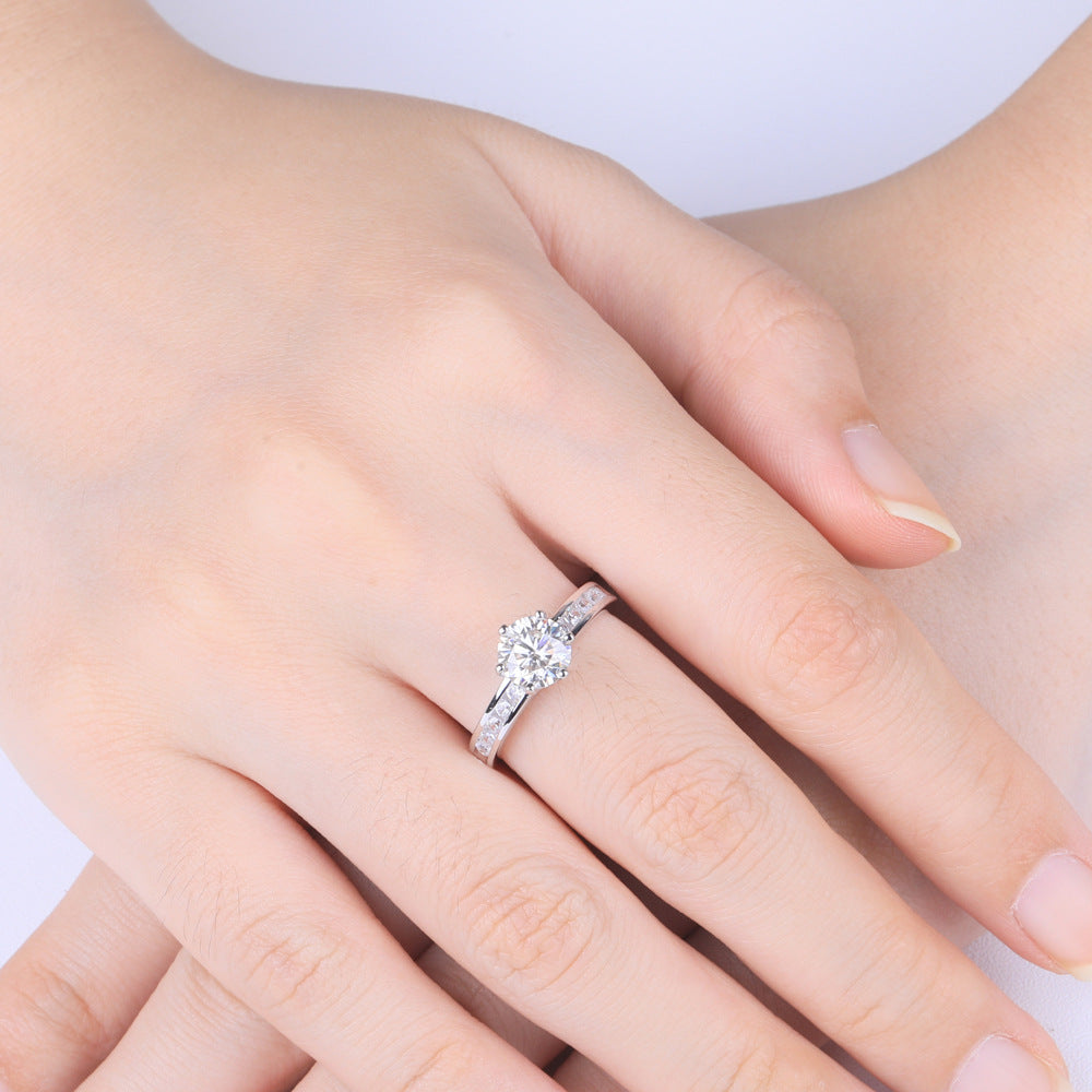 Italian Solitaire Pavé Inlay 1 Carat Moissanite Diamond Ring set in Platinum Plated 925 Silver (GRA)