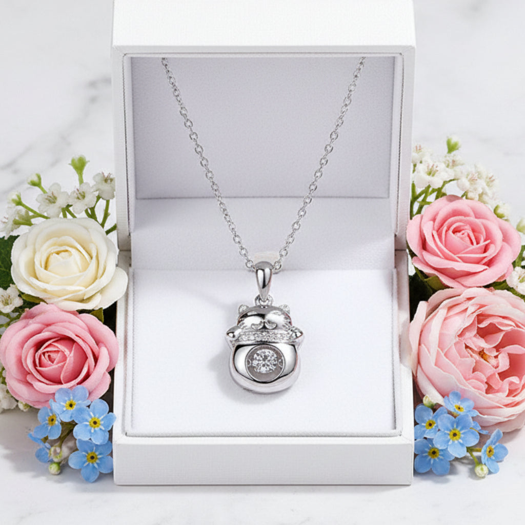 Lucky Cat 0.3 Carat Moissanite Diamond Pendant set in 925 Sterling Silver Necklace