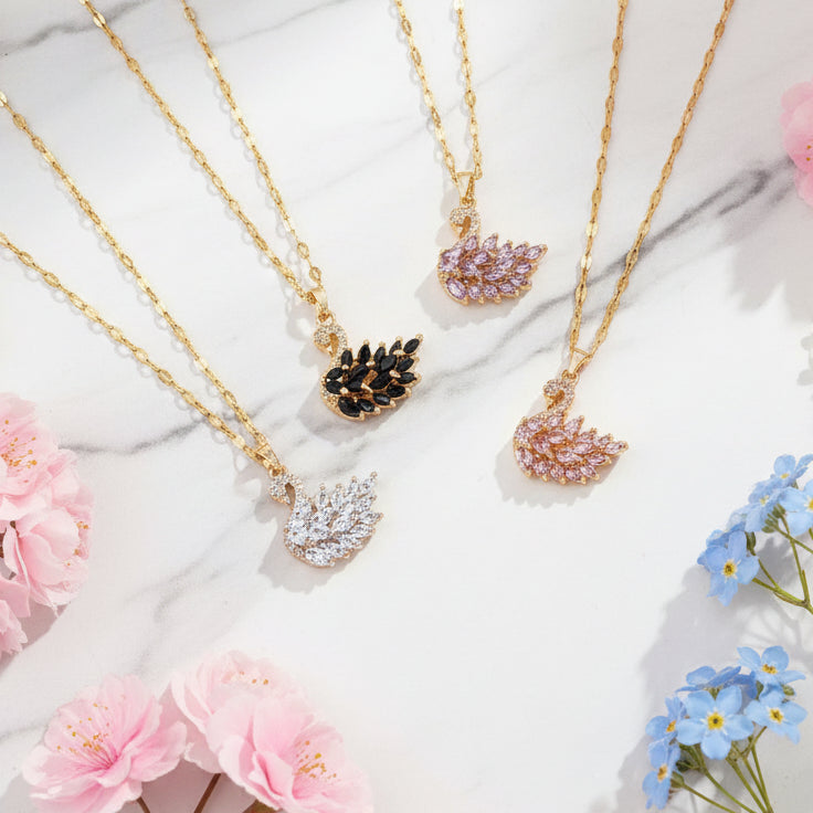 Luxury Swan Motif Inlaid Natural Zircon Gemstone Pendant set in 18K Gold Plating Necklace Capella Jewellery