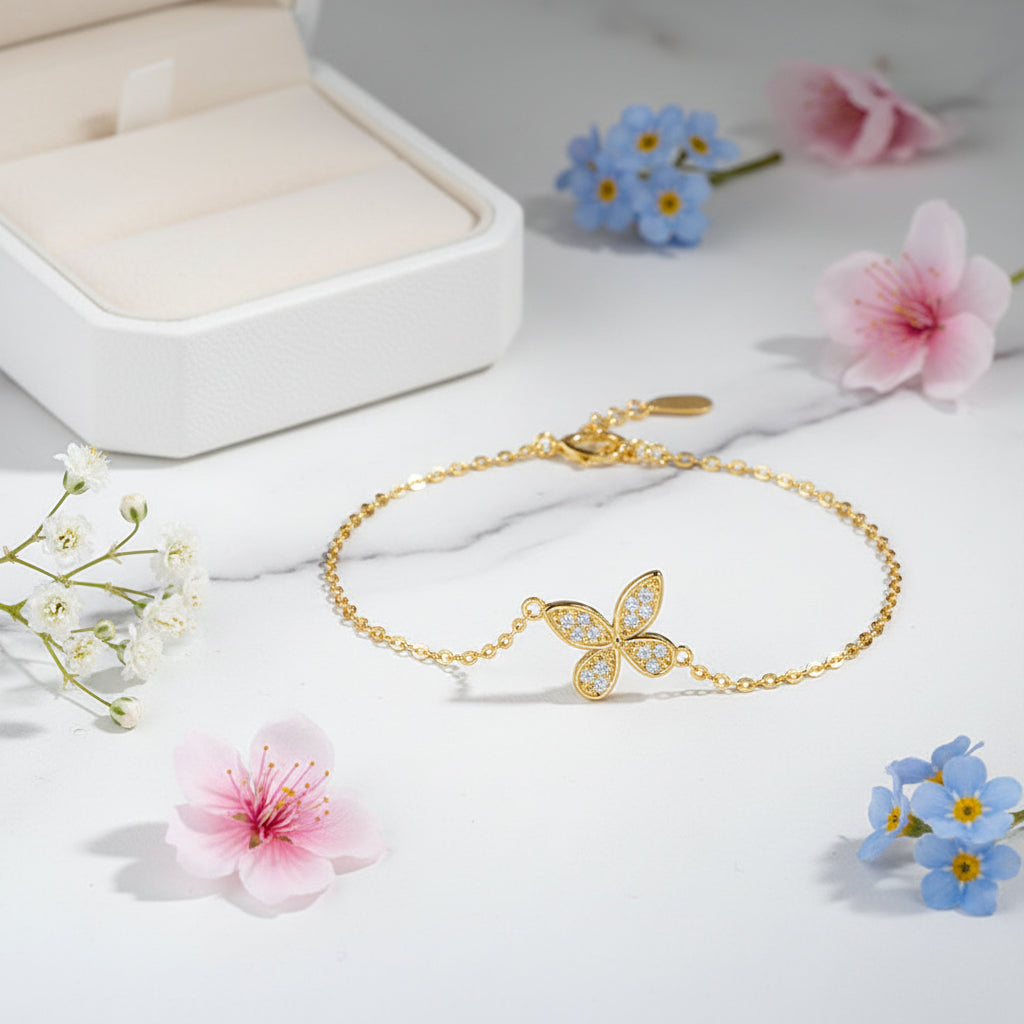 Butterfly Bracelet Micro Inlaid Moissanite Diamonds set in 18K Gold Plated 925 Silver
