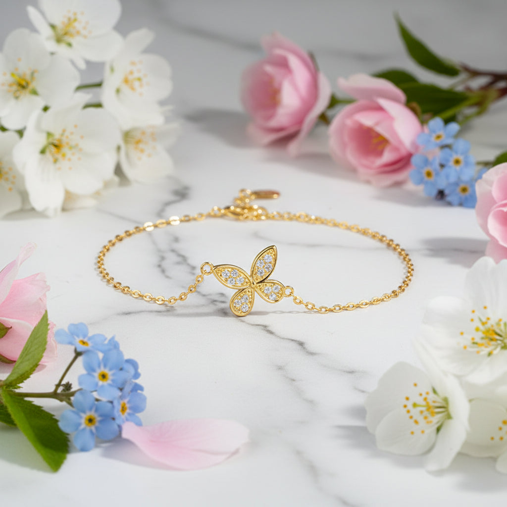 Butterfly Bracelet Micro Inlaid Moissanite Diamonds set in 18K Gold Plated 925 Silver