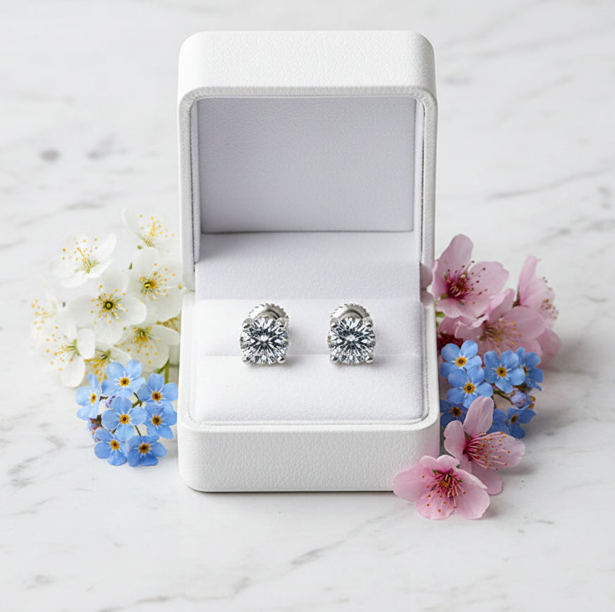 European Four Claw 2 Carat Moissanite Diamond Earrings set in 925 Sterling Silver (GRA)