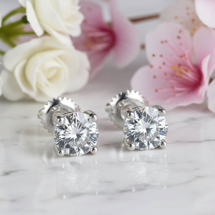European Four-Claw 2 Carat Moissanite Earrings set in 18K White Gold Plated 925 Silver (GRA) Capella Reya front close up