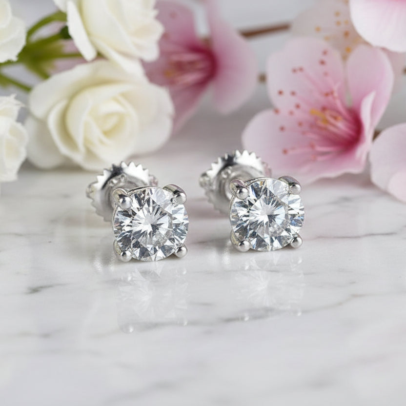 European Four Claw 2 Carat Moissanite Diamond Earrings set in 925 Sterling Silver (GRA)