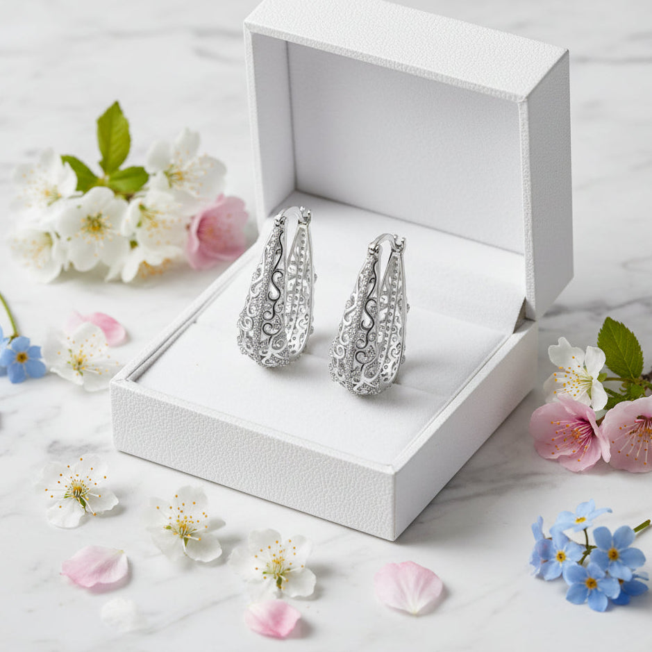 Retro British Designed Floral Earrings set in 18K White Gold Plated 925 Sterling Silver