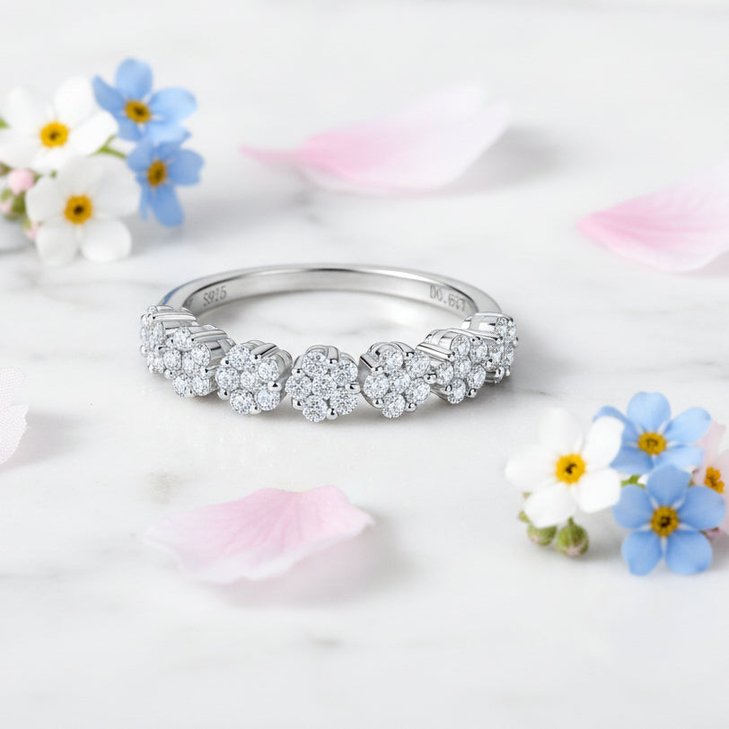 Five Four-Leaf Clover Micro 0.65 Carat Moissanite Diamond Ring set in Platinum Plated 925 Silver