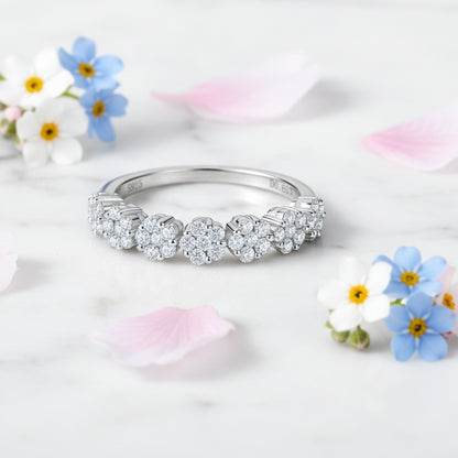 Five Four-Leaf Clover Micro Inlay 0.5 Carat Moissanite Ring set in Platinum Plated 925 Silver Capella Jewellery