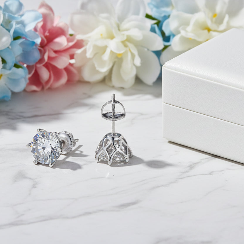 Classic Six Claw 4 Carat Moissanite Diamond Stud Earrings set in 925 Sterling Silver (GRA)