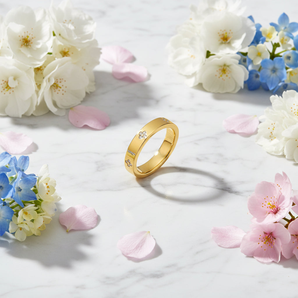 Four Leaf Clover Micro Inlay Natural Zircon Gemstone Ring set in 18K Gold Plated 925 Silver