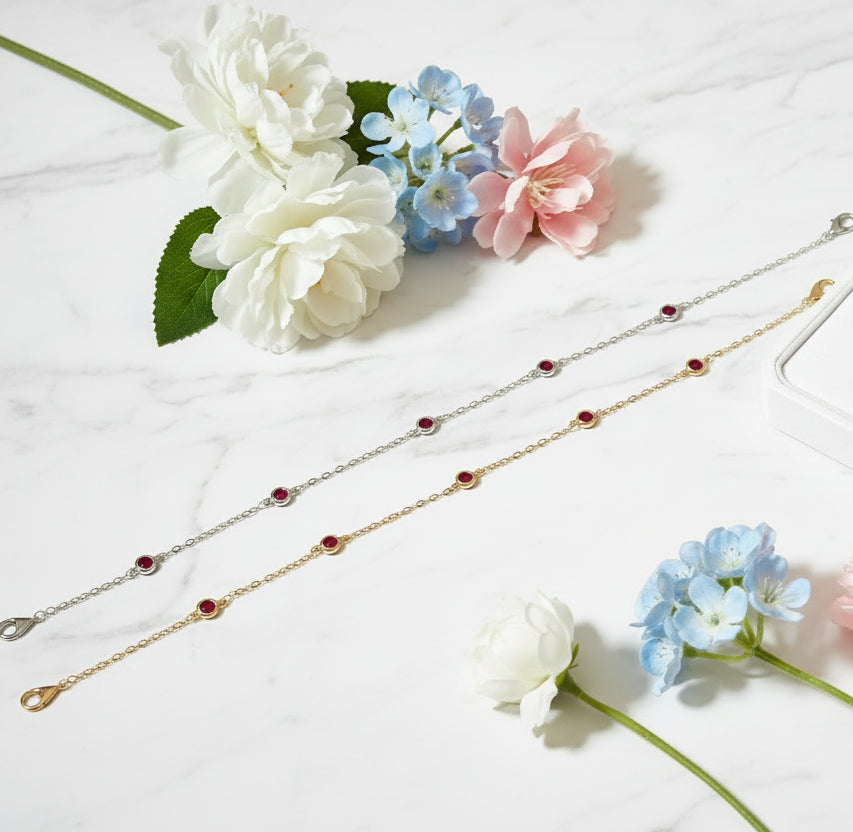 Delicate Five Ruby Bracelet set in 18K Gold Plated Premium 925 Sterling Silver