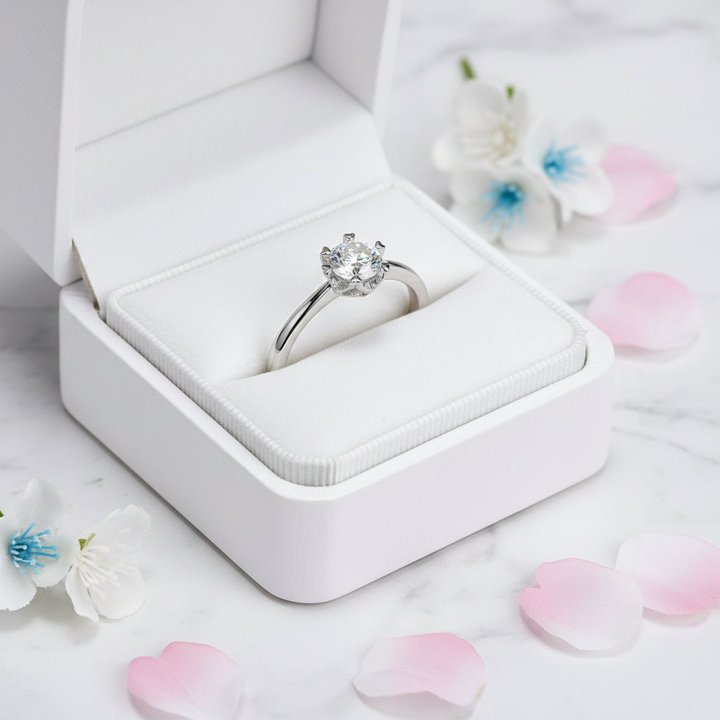 Hearts & Arrows Solitaire 0.5 Carat Moissanite Diamond Ring set in Platinum Plated 925 Silver (GRA)