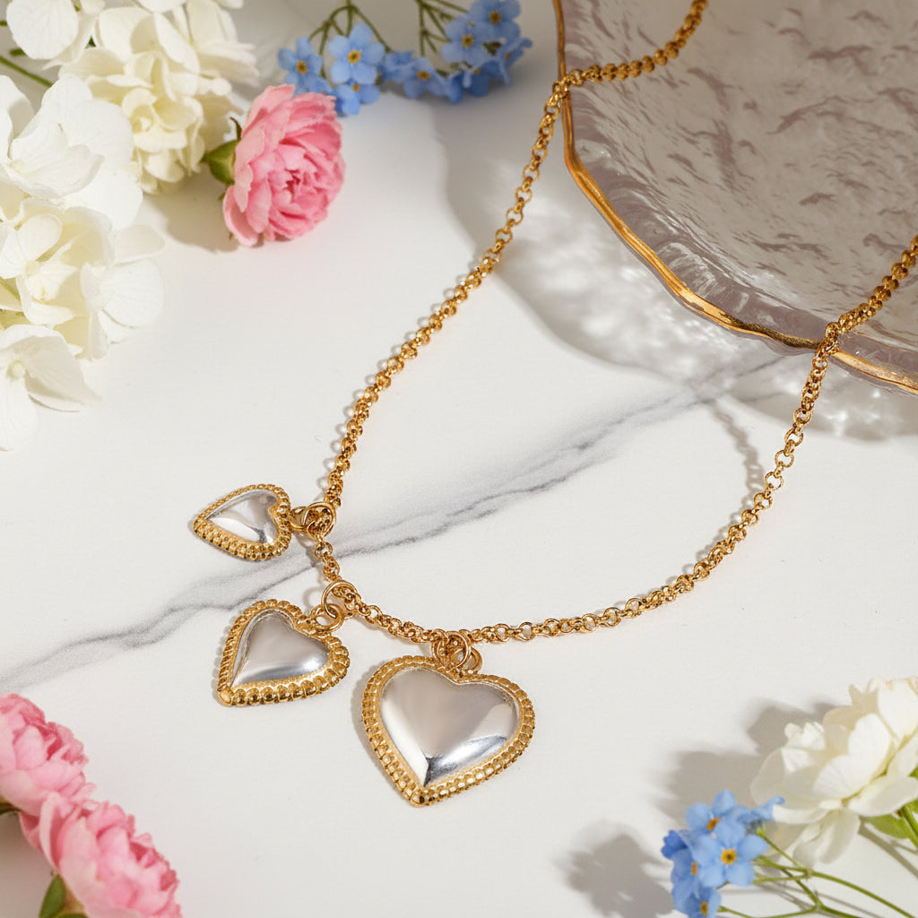 Italian Design Three Hearts Threaded Pendant Necklace set in 18K Gold Plating