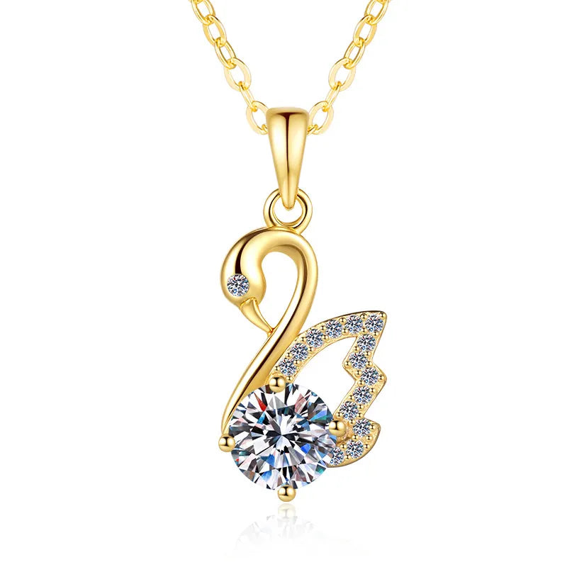 Elegant Swan 1 Carat Moissanite Diamond Necklace set in 18K Gold Plated 925 Silver (GRA)