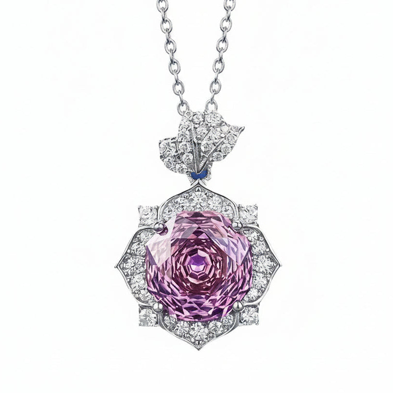 Violet Rose Pendant 5 Carat High Carbon Diamond Pendent Zircon Inlay set in 925 Sterling Silver