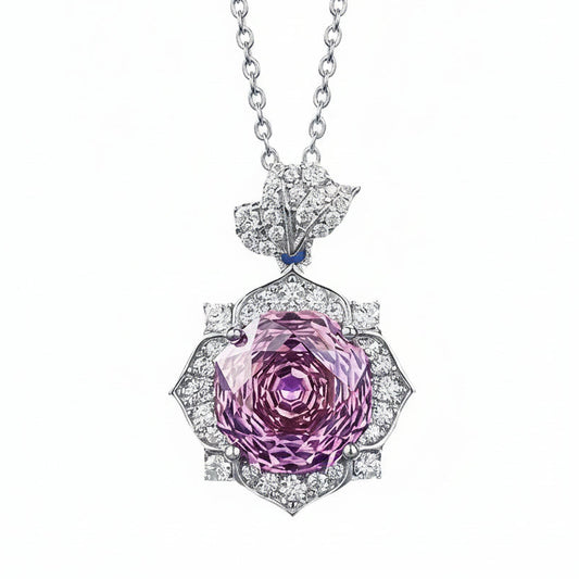 Violet Rose Pendant 5 Carat High Carbon Diamond Necklace set in 18K White Gold Plated 925 Silver