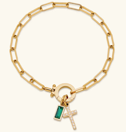 Holy Christian Cross Birth Stone Natural Zircon Gemstone Charm Bracelet set in 18K Gold Plating Capella Jewellery