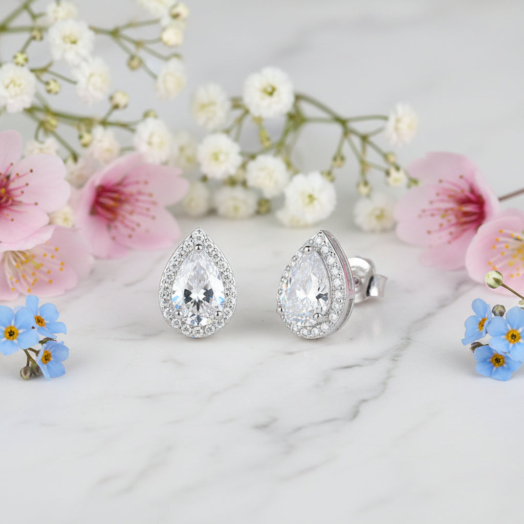 Italian Water Drop Design Halo 2 Carat Moissanite Diamond Earrings set in 925 Silver (GRA)