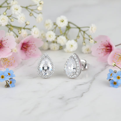Italian Water Drop Design Halo 2 Carat Moissanite Earrings set in Platinum Plated 925 Silver (GRA) Capella Reya pic 4 close up image