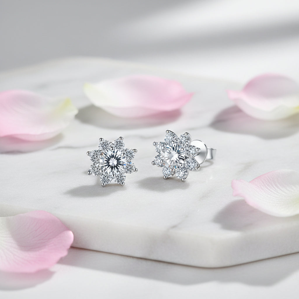 Beijing Snowflake 2 Carat Moissanite Diamond Earrings set in Platinum Plated 925 Silver (GRA)