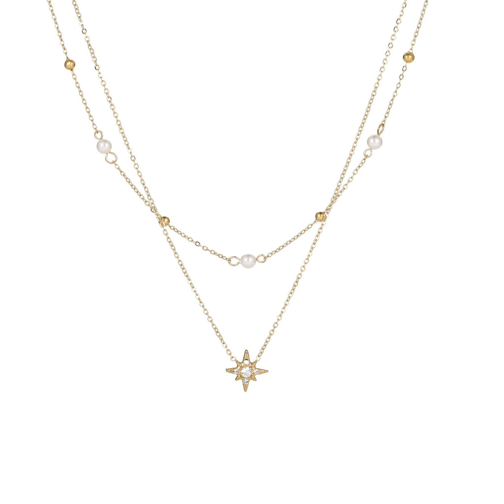 18K Gold Plated Double-layer Six-pointed Star and Rhinestone Pearls Necklace and Bracelet set