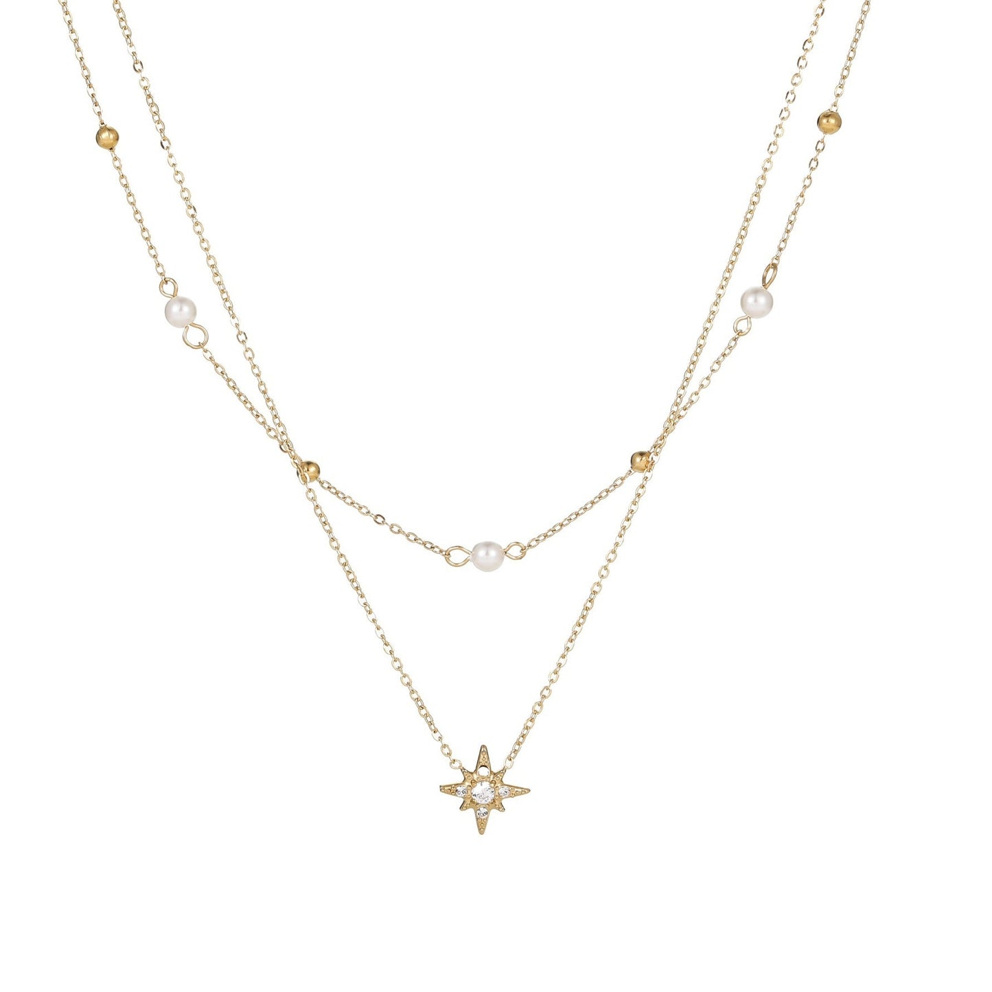Six-Pointed Star or Heart Double-layer Pearl Necklace and Bracelet set in 18K Gold Plating Capella Jewellery