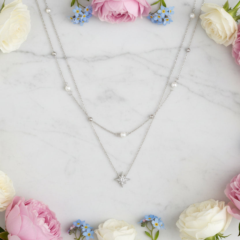 Six-Pointed Star and Heart Double-layer Pearl Necklace and Bracelet set in 18K Gold Plating