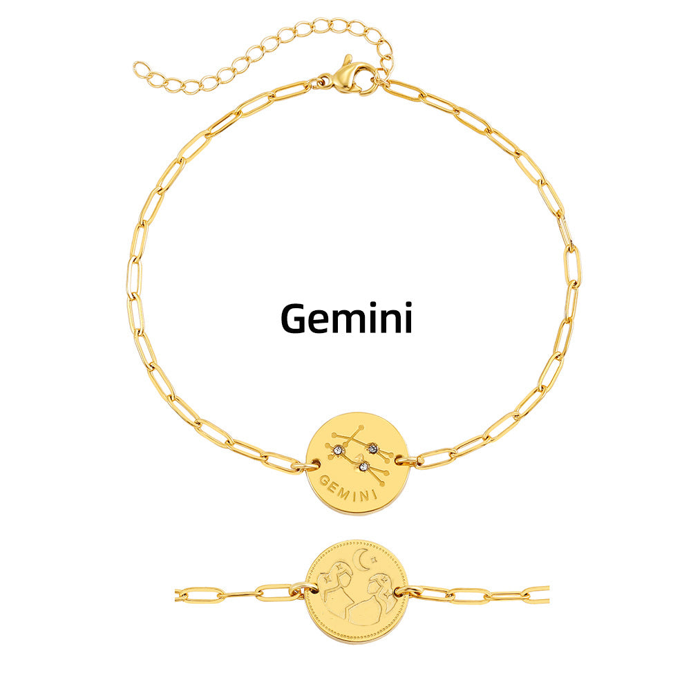 Twelve Constellation Stars Signs Micro Inlaid Natural Zircon Bracelet set in 18K Gold Plating