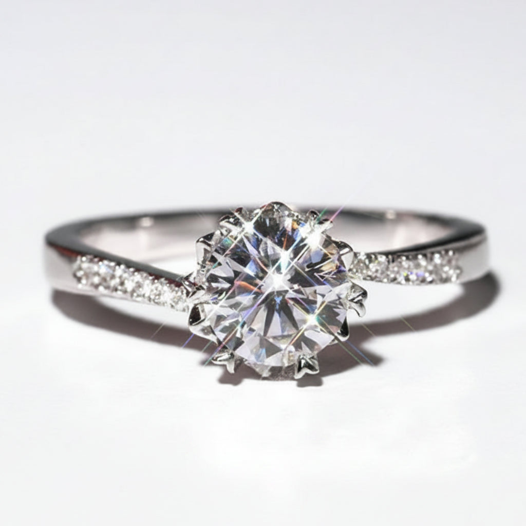 Snowflake Solitaire 2 Carat Moissanite Diamond Ring set in Platinum plated 925 Silver (GRA)