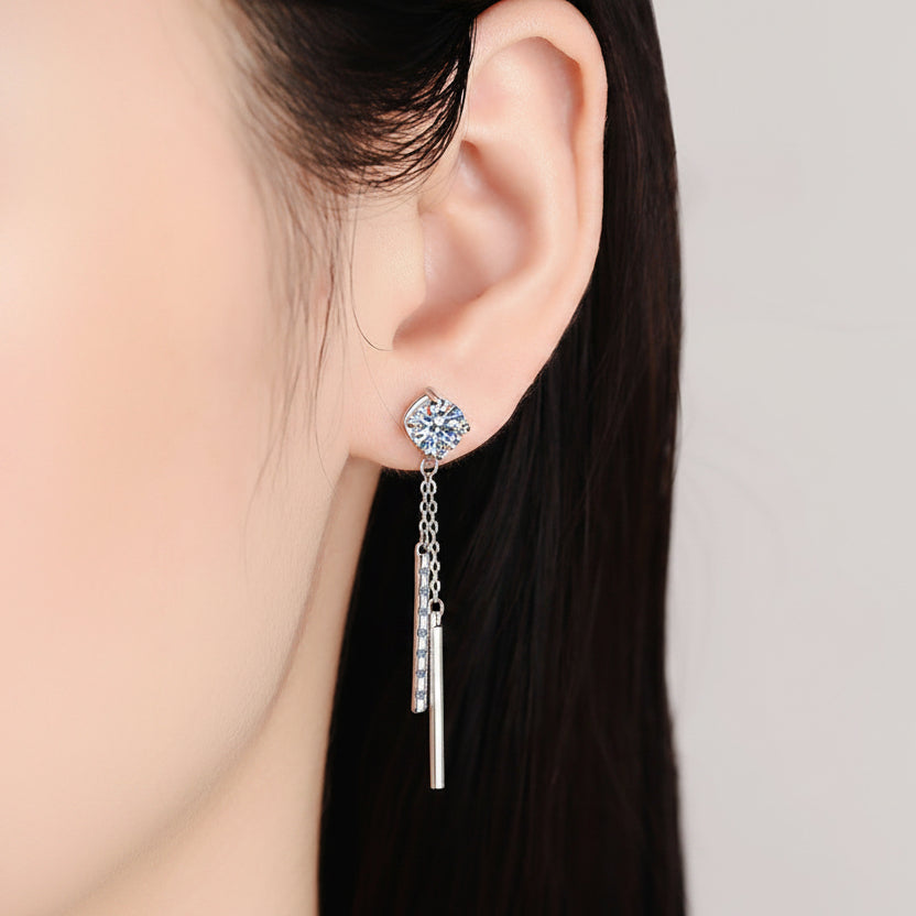 French Long Tassel Design 2 Carat Moissanite Diamond Earrings set in 925 Sterling Silver (GRA)