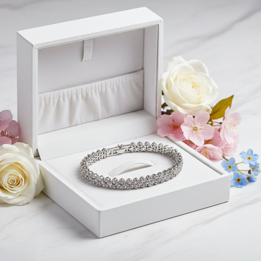 European Design Full Row Natural Zircon Tennis Bracelet set in 18K White Gold Plated 925 Silver