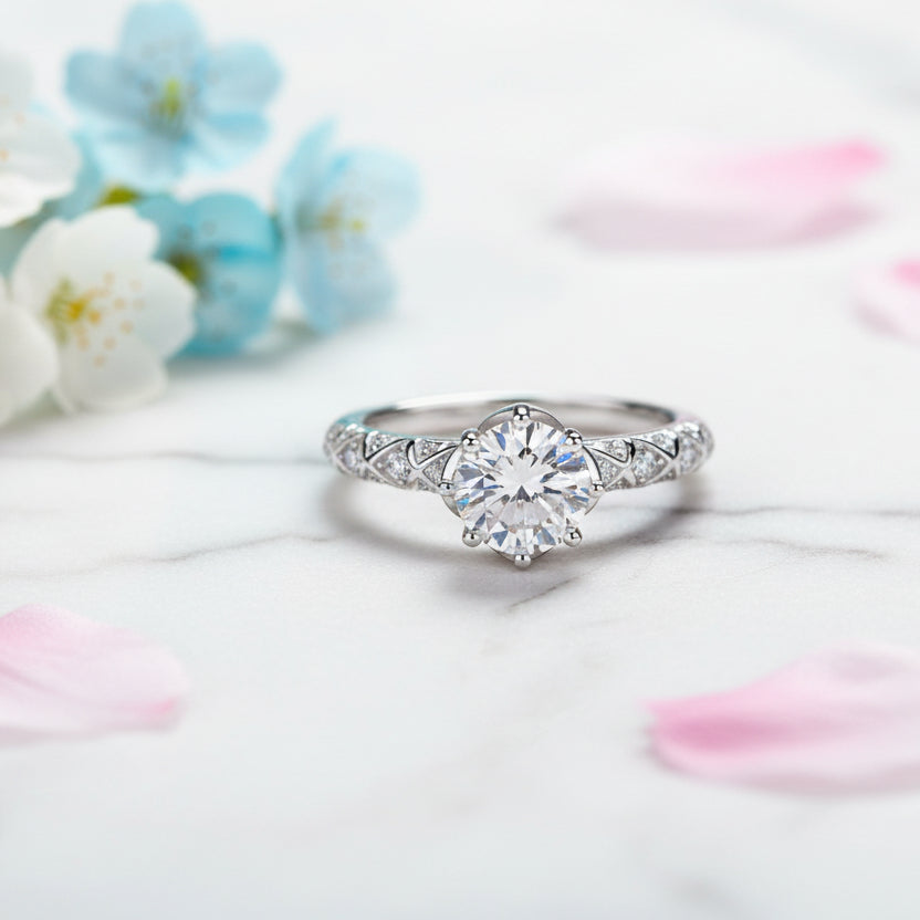 Japanese Solitaire 1 Carat Moissanite Diamond Ring set in 18K White Gold Plated 925 Silver (GRA)