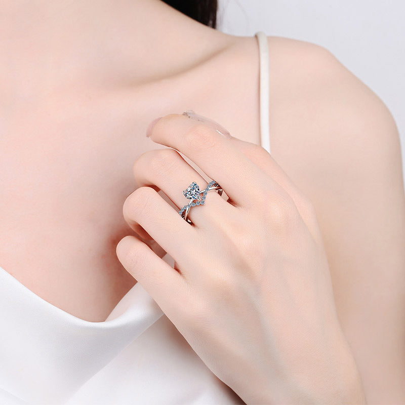 Italian Diamond Heart Design 1 Carat Moissanite Diamond Ring set in Platinum Plated 925 Silver (GRA)