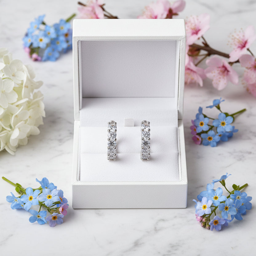 French Single Row 1 Carat Moissanite Diamond Earrings set in Platinum Plated 925 Silver (GRA)