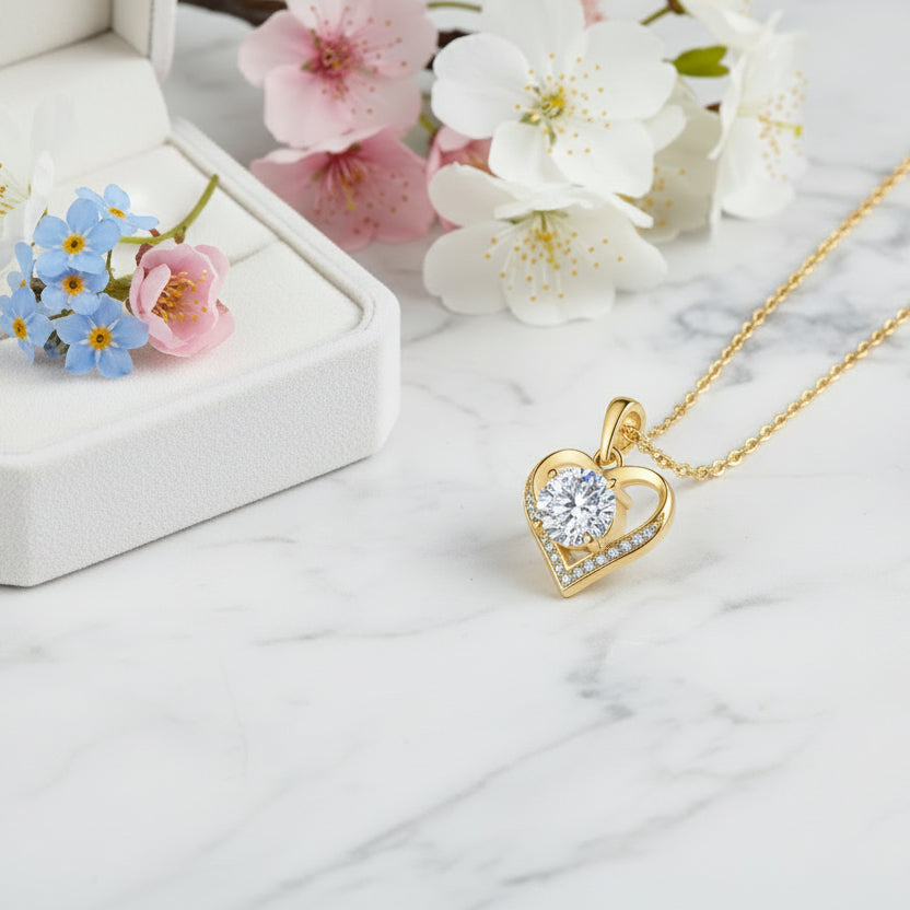 Sparkling Heart 1 Carat Moissanite Diamond Pendent set in 18K Gold Plated 925 Silver (GRA)