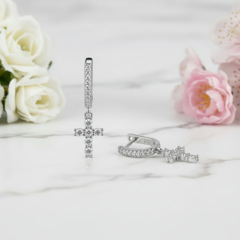 Holy Christian Cross 1 Carat Moissanite Diamond Earrings set in Platinum Plated 925 Silver (GRA)