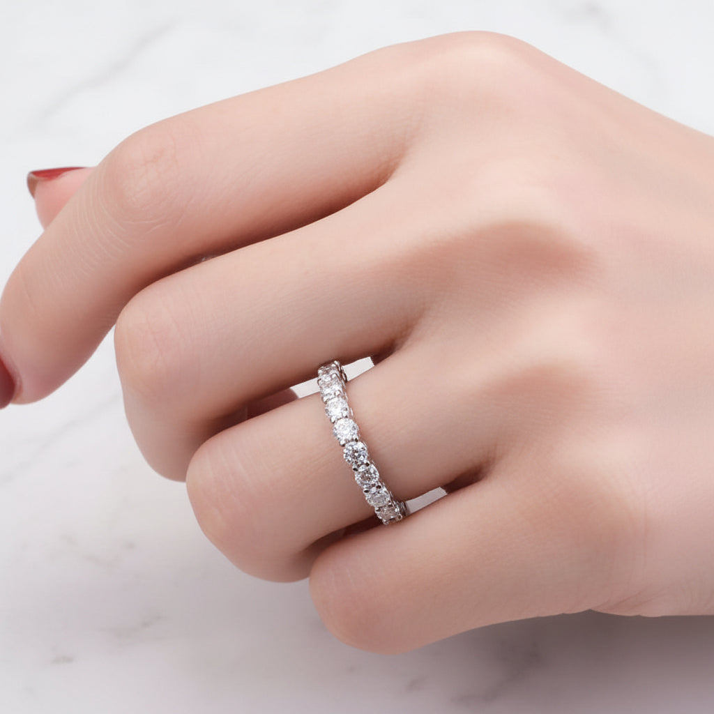 French Eternity Row Of Nine Ring 1 Carat Moissanite Diamond set in Pure 18K White Gold
