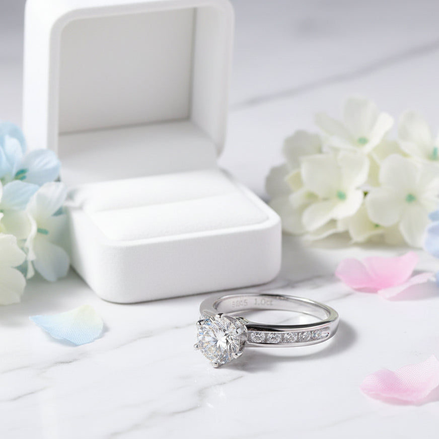 Italian Solitaire Pavé Inlay 1 Carat Moissanite Diamond Ring set in Platinum Plated 925 Silver (GRA)