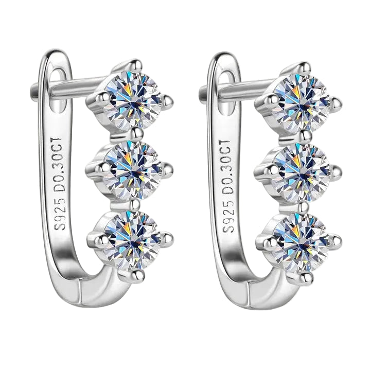 Three Stones 0.6 Carat Moissanite Diamond Earrings set in 18K Gold Plated 925 Silver (GRA)