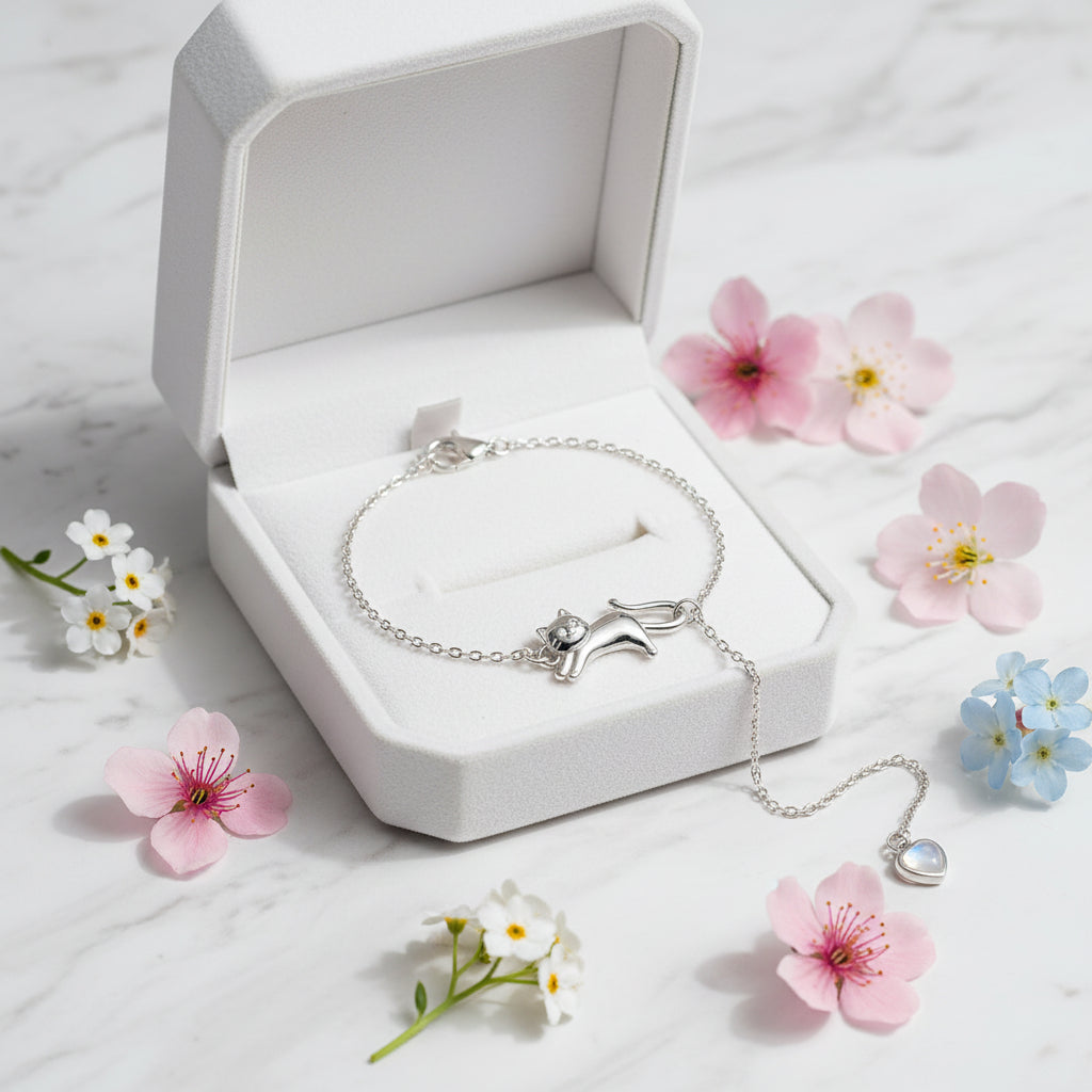 Cute Kitty Cat Motif Charm Bracelet set in Premium 925 Sterling Silver