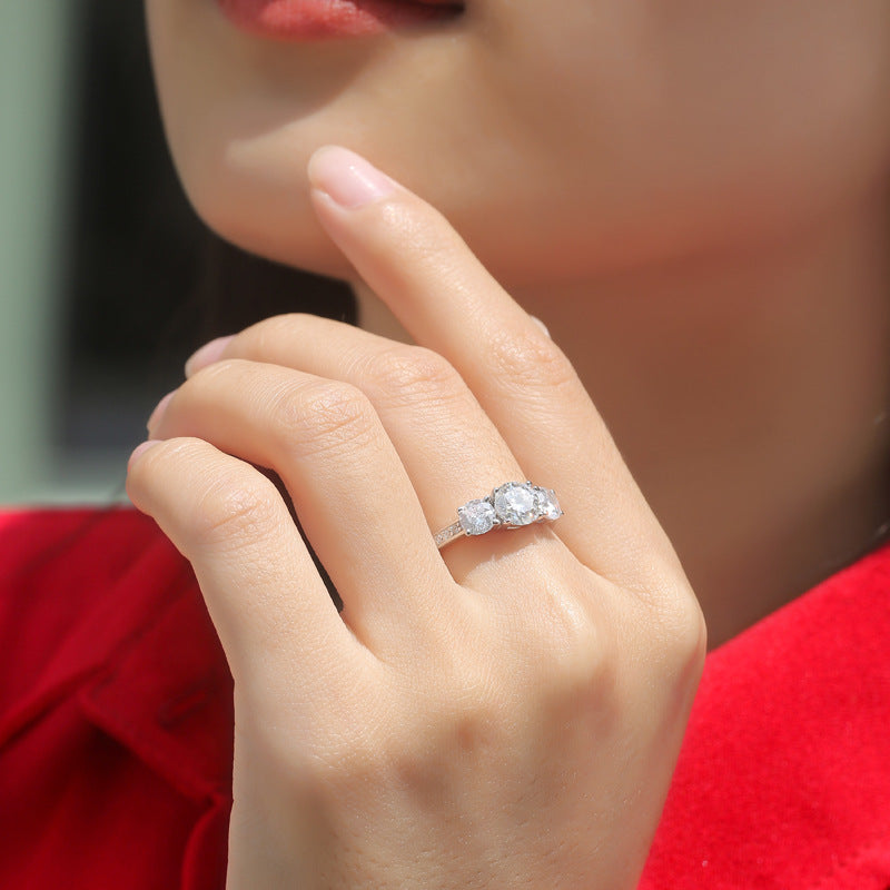 European Three Round 1 Carat Moissanite Diamond Ring set in 18K White Gold Plated 925 Silver (GRA)