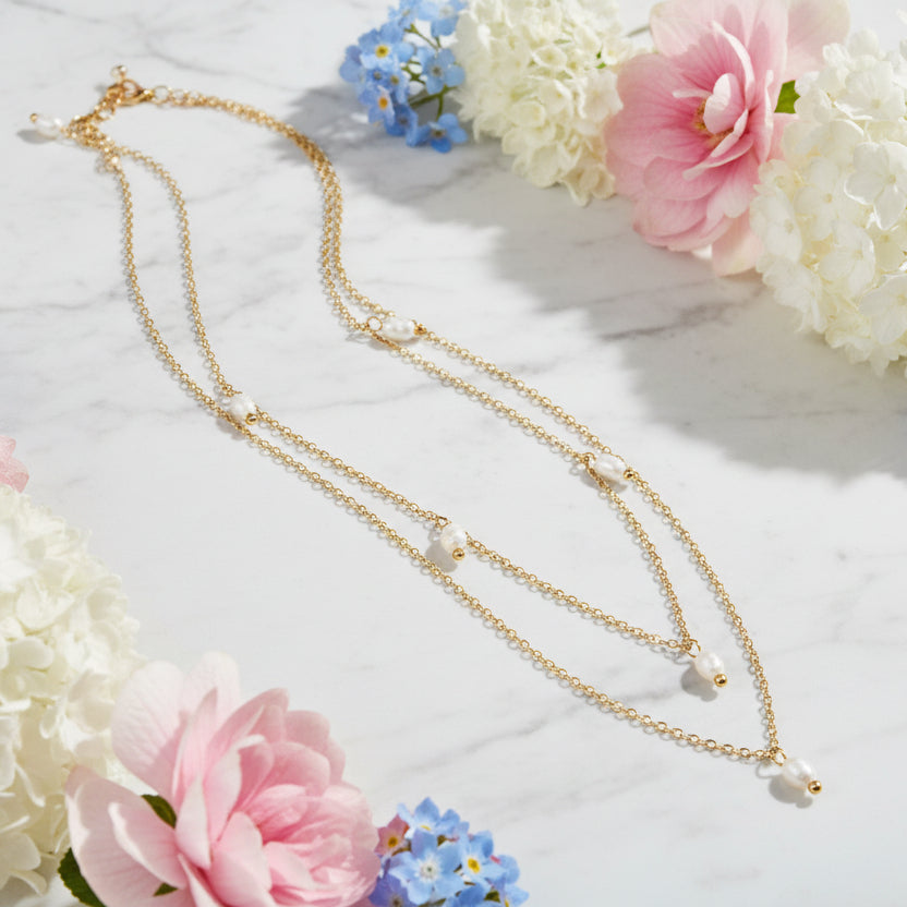 Elegant Italian Design Real Natural Pearl Double Layer Twin Necklace set in 18K Gold Plating Capella Jewellery