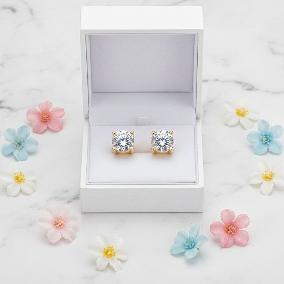 Classic Four-Claw 4 Carat Moissanite Diamond Earrings set in 18K Gold Plated 925 Silver (GRA)