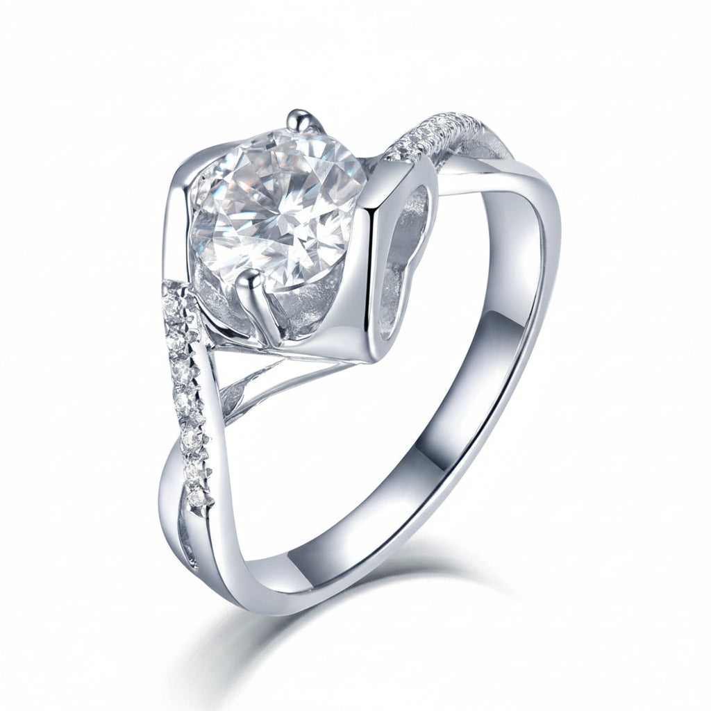 French Kiss Pavé Design 1 Carat Moissanite Diamond Ring set in 18K White Gold Plated 925 Silver (GRA)