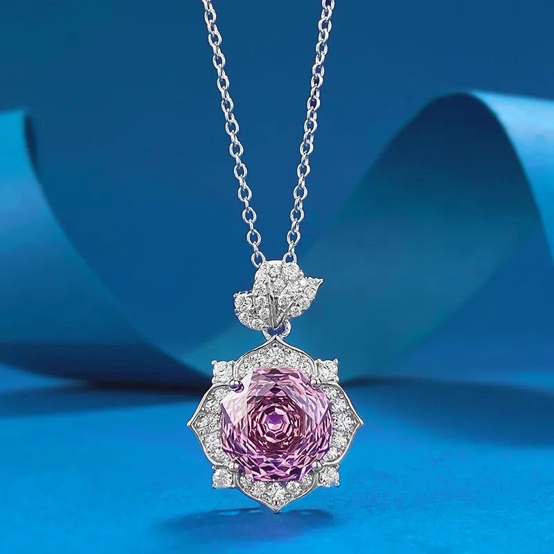Violet Rose Pendant 5 Carat Large Natural Zircon Necklace set in 18K White Gold Plated 925 Silver Capella Reya pic 6