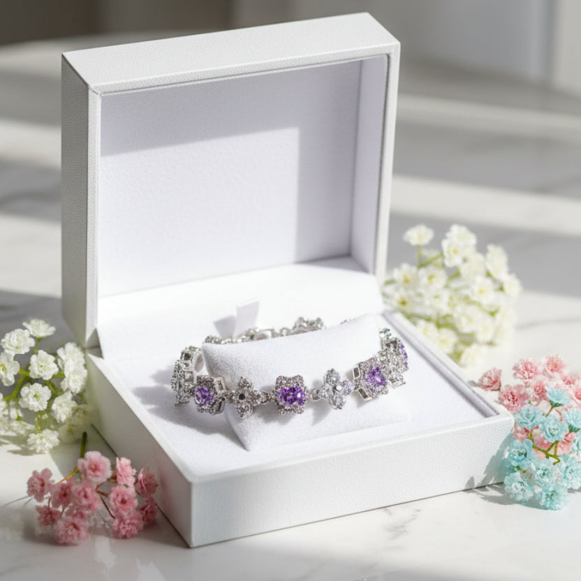 Stars and Flowers Inlaid Natural Zircon Gemstone Bracelet set in Platinum Plating