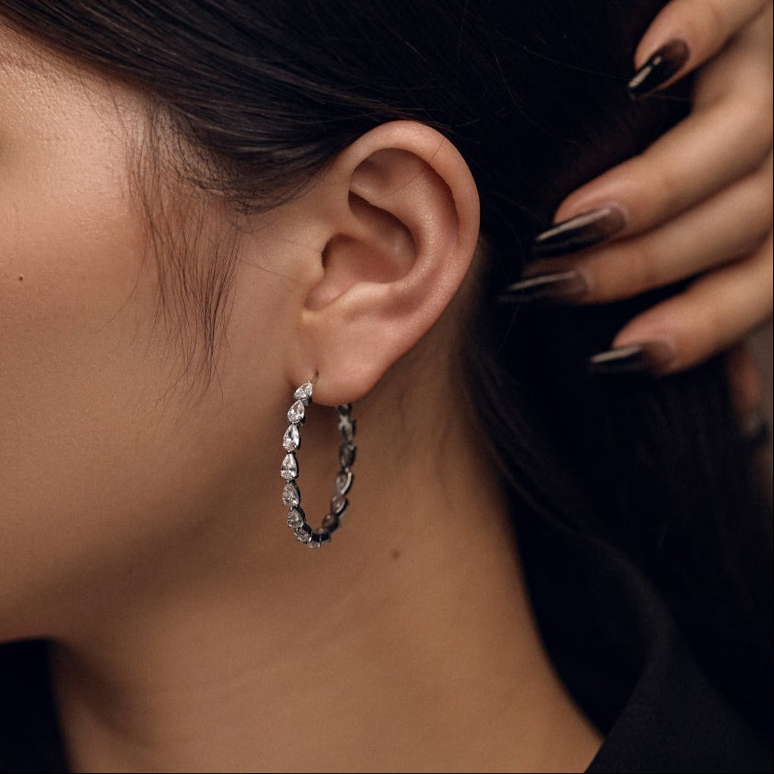 Large Hoop Natural Zircon Gemstone Earrings set in Platinum Plated 925 Sterling Silver