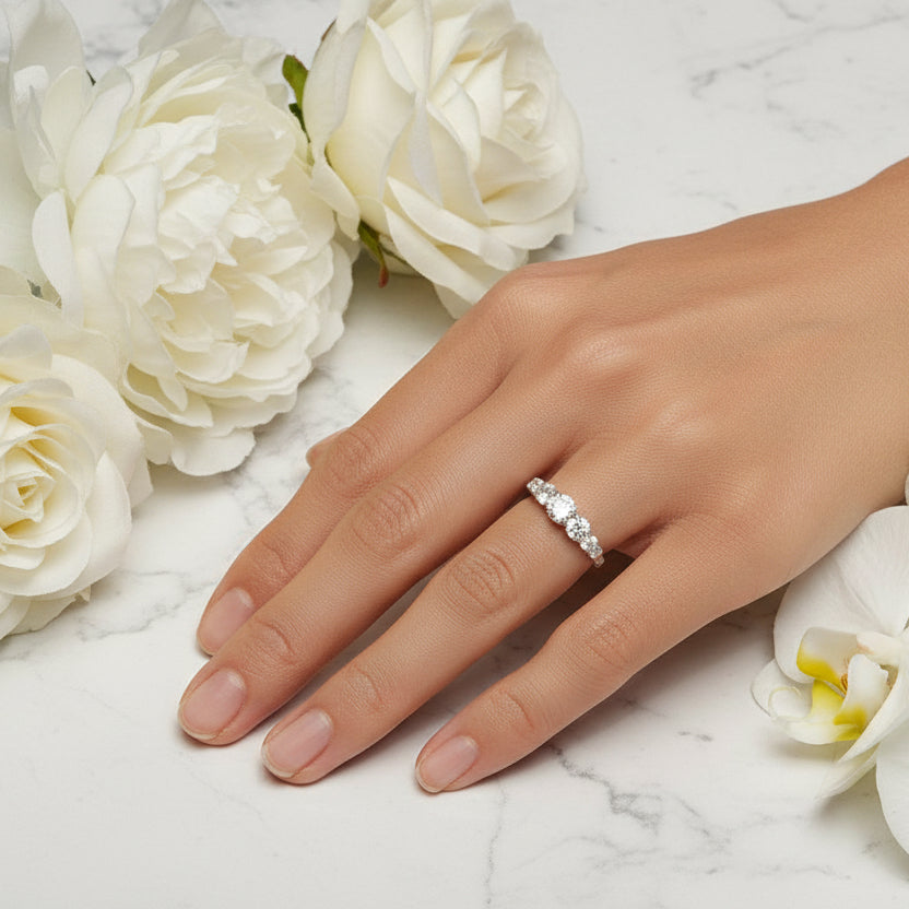 European Seven Stone 0.5 Carat Moissanite Diamond Ring set in Platinum Plated 925 Silver (GRA)