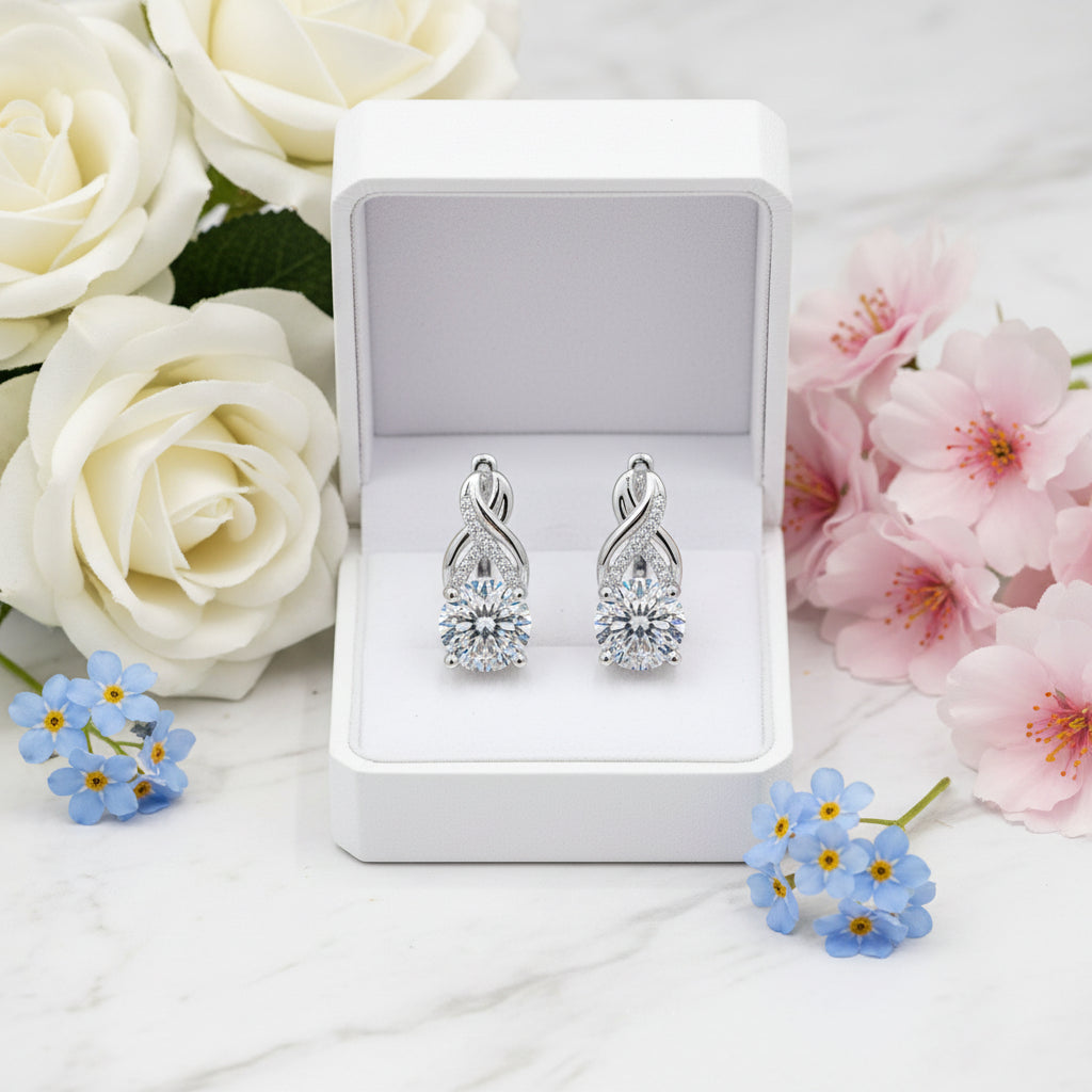 Twist Drop 4 Carat Moissanite Diamond Earrings set in Platinum Plated 925 Silver (GRA)