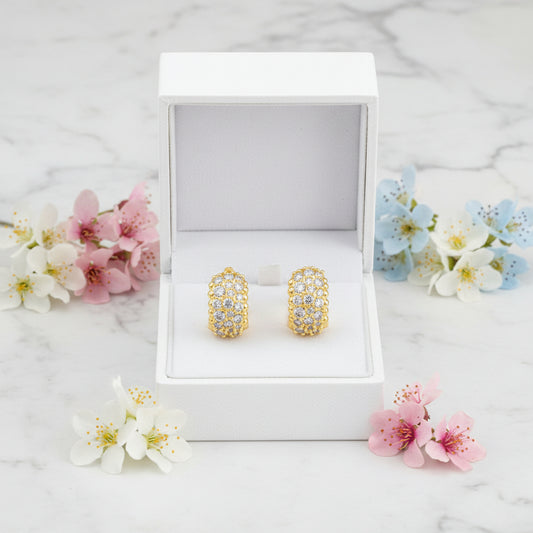 Elegant French Micro Inlaid Natural Zircon Gemstone Barrel Earrings set in Platinum Plated 925 Silver
